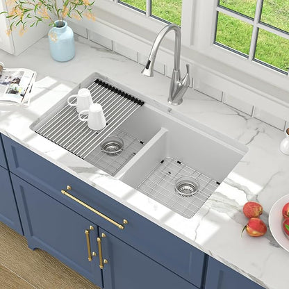 Lordear 33 Granite Composite Kitchen Sink Double Bowl White Granite Kitchen Sink Ledge Workstation 33"x19" White Undermount Double Bowl 50/50 Low Divide Quartz Classic Composite Under Counter Basin