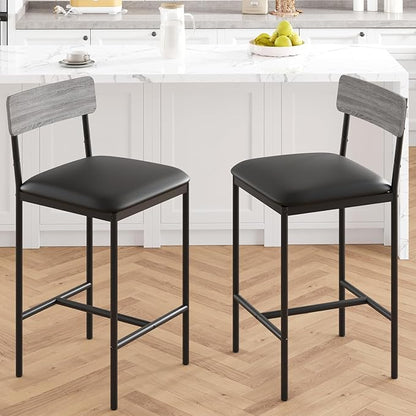 Bar Stools Set of 2, Kitchen Bar Stools with Footrest, Upholstered Bar Chairs with Back, 2 Counter Height Barstools for Counter Bar, Island