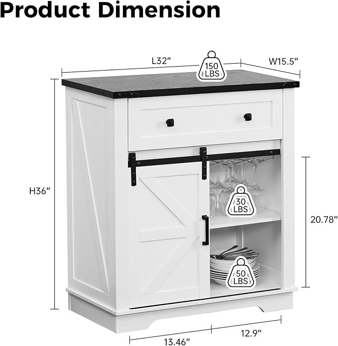 Buffet Cabinet with Storage, Farmhouse Coffee Bar Cabinet with Goblet Holder and Drawer, Sideboard with Barn Door for Kitchen, Dining Room, Living Room, White