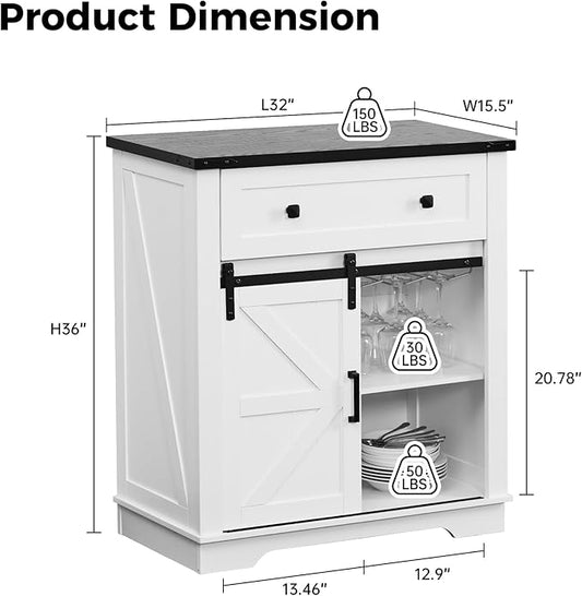 Buffet Cabinet with Storage, Farmhouse Coffee Bar Cabinet with Goblet Holder and Drawer, Sideboard with Barn Door for Kitchen, Dining Room, Living Room, White