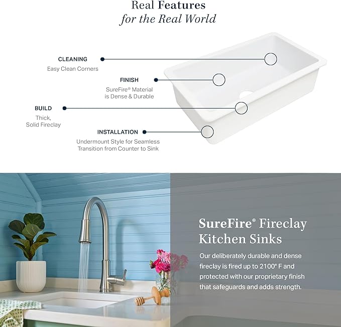 Sinkology Eden Fireclay Undermount Kitchen Sink, Undermount Installation, Surefire Finish (Matte Black, 18")