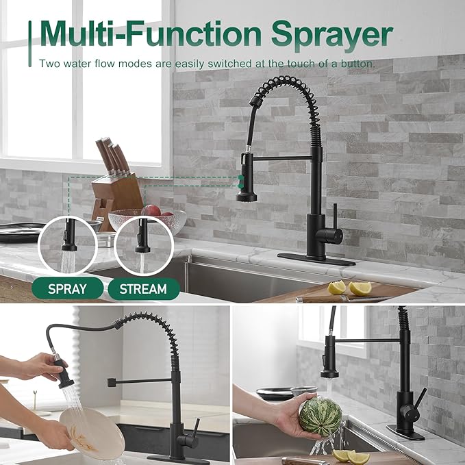 VOTON Black Kitchen Faucet with Pull Down Sprayer Pull Out Kitchen Sink Faucet Stainless Steel Commercial Spring Farmhouse faucets for Kichen Sink Camper Laundry Utility Rv Bar Sink Faucet