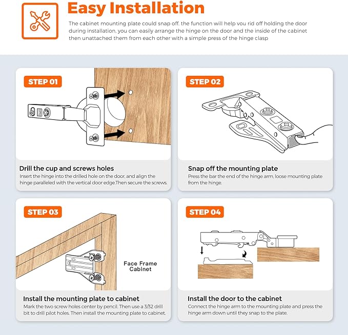 JOY DECOR Full Overlay 4 Packs (2 Pairs) Concealed Kitchen Cabinet Hinges 105 Degree Soft Close Adjustable Cabinet Door Hinges for Face Frame Cabinet