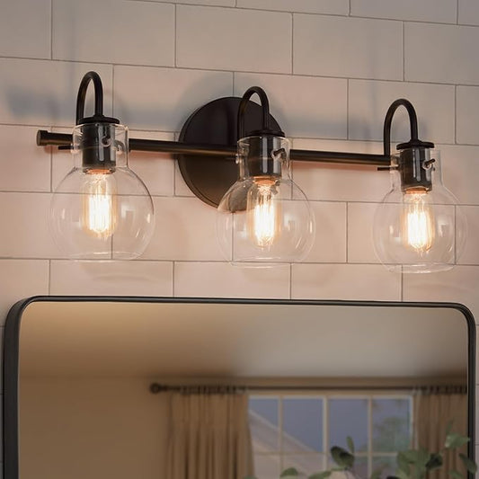 KSANA Black Bathroom Light Fixtures, 3-Light Modern Farmhouse Black Vanity Light with Clear Glass Shade Over Mirror for Hallway, Kitchen, Bedroom, and Living Room