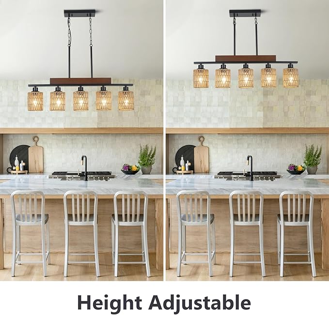 Rattan Farmhouse Chandeliers for Dining Room, Boho Kitchen Island Lighting, 5-Light Linear Chandelier Rectangle Pendant Lighting, Rustic Wood Chandeliers Black Hanging Light Fixtures for Living Room