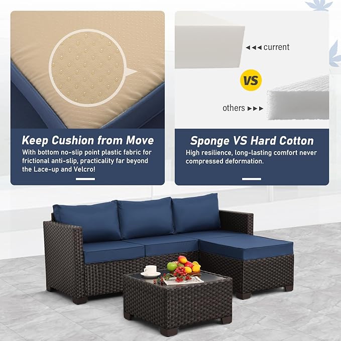 Patio Furniture Set 3 Pieces Outdoor Sectional Sofa Set Wicker Patio Furniture Outdoor Couch Outdoor Ottoman Coffee Table with Storage All-Weather Anti-Slip Cushions Waterproof Covers, Navy Blue