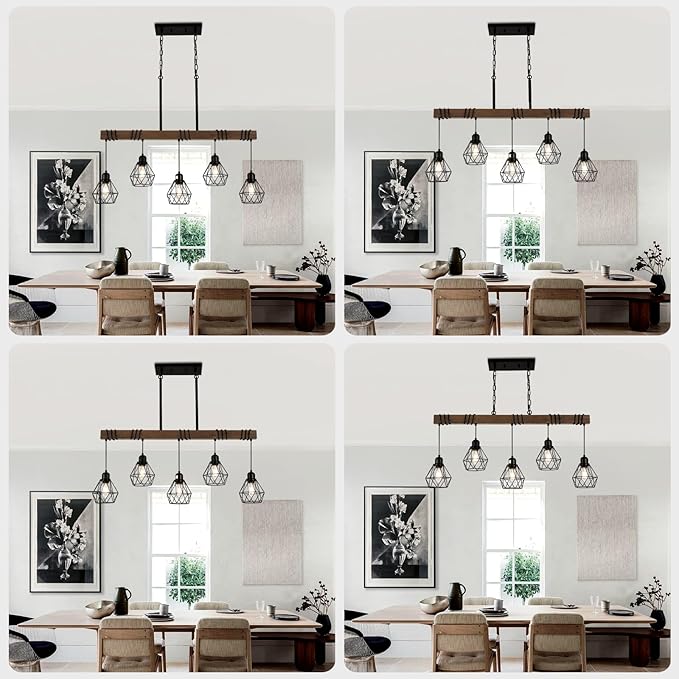 5-Light Kitchen Chandeliers Over Table, Farmhouse Black Dining Room Light Fixture, Linear Rustic Wood Ceiling Pendant Island Light Fixtures with Metal Lampshade, Height Adjustable