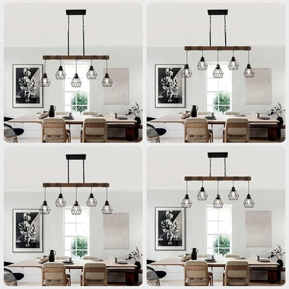 5-Light Kitchen Chandeliers Over Table, Farmhouse Black Dining Room Light Fixture, Linear Rustic Wood Ceiling Pendant Island Light Fixtures with Metal Lampshade, Height Adjustable