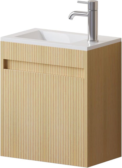 wonline 16" Small Floating Bathroom Vanity Sink Combo, Wall Mounted Narrow Single Cabinet with Resin Basin Sink Top, Water Saving Chrome Faucet & Pop-Up Drain