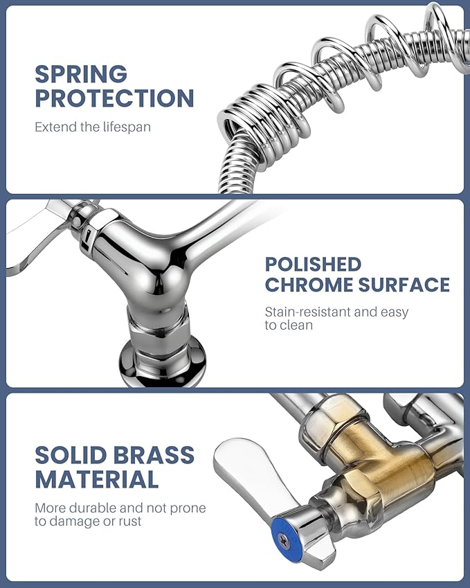 Commercial Kitchen Faucet Wall Mount with Pre-Rinse Sprayer 8 Inch Center Wall Mount Kitchen Sink Faucet with 9.6" Add-on Swing Spout 25" Height Faucet with Pull Down Spray