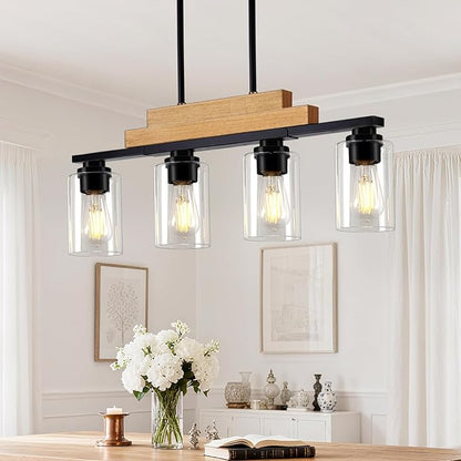 4-Light Linear Chandeliers for Dining Room Hanging, Farmhouse Dining Room Light Fixture Over Table, Black Pendant Kitchen Island Lighting, Wood Ceiling Light Fixture with Clear Glass Shade