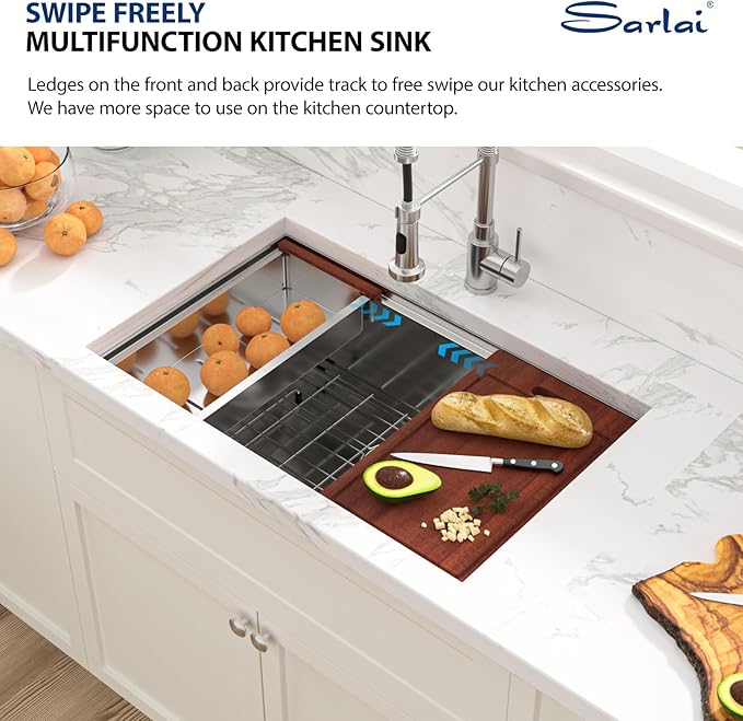 Sarlai 28 Kitchen Sink Undermount - 28 x 18 Inch Stainless Steel Kitchen Sink Undermount Ledge Workstation Deep Single Bowl 16 Gauge R10 Tight Radius Stainless Steel Sinks Basin