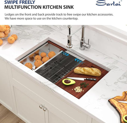 Sarlai 28 Kitchen Sink Undermount - 28 x 18 Inch Stainless Steel Kitchen Sink Undermount Ledge Workstation Deep Single Bowl 16 Gauge R10 Tight Radius Stainless Steel Sinks Basin