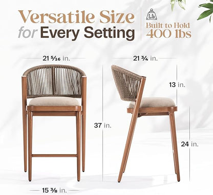 IDZO 400lbs Capacity Counter Stools Set of 2, 24 Inches Counter Height Bar Stools with Cushions, Durable Rope Design, Ergonomic Backrest for Indoor and Outdoor Comfort, Easy Assembly for Any Space