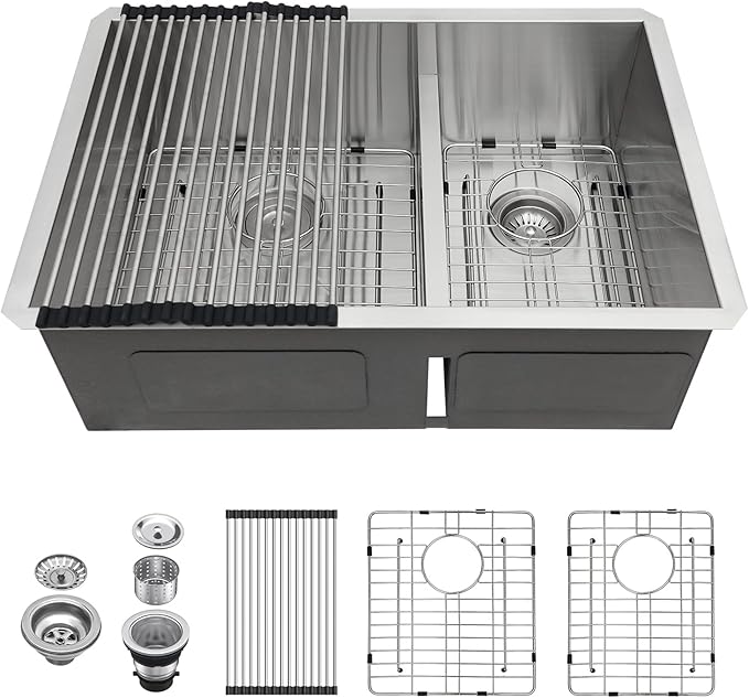 Lordear 28 Undermount Sink Double Bowl Kitchen Sink 28X19 Inch Undermount Low Divide Double Bowl 60/40 16 Gauge Stainless Steel Kitchen Sinks