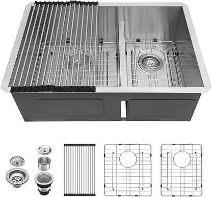 Lordear 28 Undermount Sink Double Bowl Kitchen Sink 28X19 Inch Undermount Low Divide Double Bowl 60/40 16 Gauge Stainless Steel Kitchen Sinks
