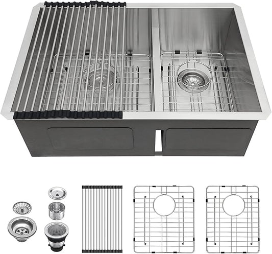 Lordear 28 Undermount Sink Double Bowl Kitchen Sink 28X19 Inch Undermount Low Divide Double Bowl 60/40 16 Gauge Stainless Steel Kitchen Sinks