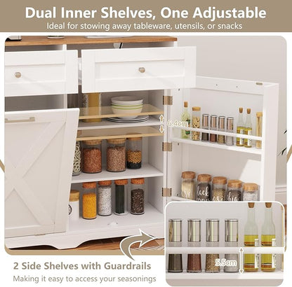 Giantex Tilt Out Trash Can Cabinet 10 Gallon, Kitchen Island with Power Outlet, 2 Drawers, Adjustable Shelves, Hidden Storage Garbage Bin Cabinet for Laundry Room Dining Room (White+Walnut)