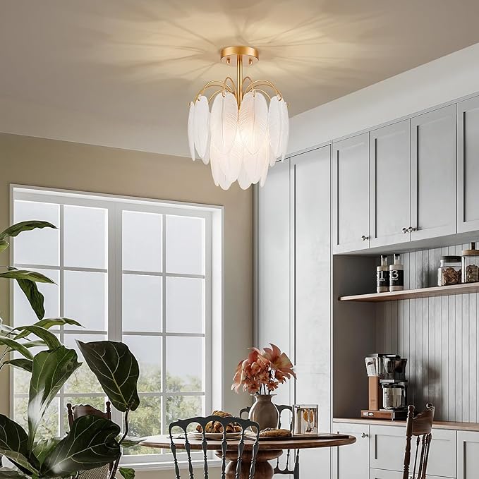 LumFurn D12 inch Glass Ceiling Light, 3-Light Modern Semi-Flushmount Close to Ceiling Light Fixture for Dining Room, Hallway & Bedroom, D12 x H16 in, Frosted Feather Glass Shade & Gold Finish Frame