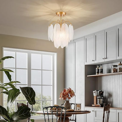 LumFurn D12 inch Glass Ceiling Light, 3-Light Modern Semi-Flushmount Close to Ceiling Light Fixture for Dining Room, Hallway & Bedroom, D12 x H16 in, Frosted Feather Glass Shade & Gold Finish Frame