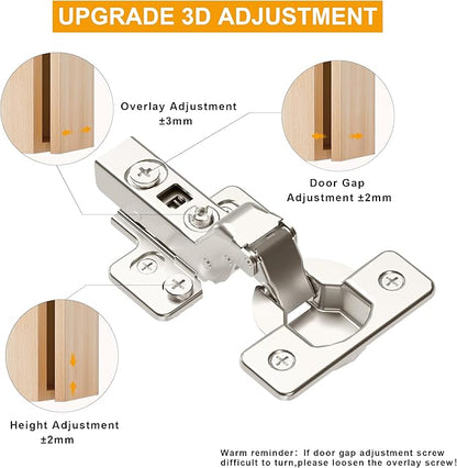 2 Pack Inset Soft Close Cabinet Hinges, Frameless European Kitchen Cabinet Hinges 35mm Cup Clip-On 3D Adjustment Concealed Cabinet Door Hinges Nickel Plated Finish
