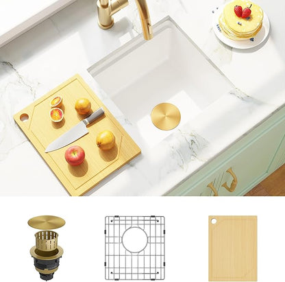 MILOSEN White Undermount Bar Sink, 16×16 Inch Small White Granite Composite Wet Bar or Prep Sinks with Cutting Board, 9 Inch Deep Outdoor Single Bowl Small Workstation Sink with Gold Accessories