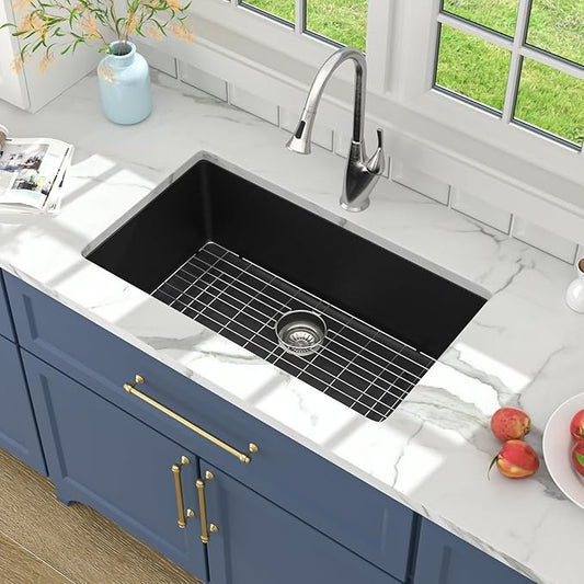 Lordear 31 Granite Composite Kitchen Sink Black 31X18 Inch Undermount Sinks Granite Composite Single Bowl Under Kitchen Sinks with Accessories