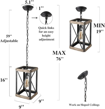LNC Farmhouse Pendant Lighting Fixture Rustic Wood Cage Chandelier for Kitchen Island, Entryway, Foyer, Living and Dining Room, Brown, Rectangle