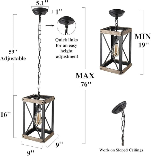 LNC Farmhouse Pendant Lighting Fixture Rustic Wood Cage Chandelier for Kitchen Island, Entryway, Foyer, Living and Dining Room, Brown, Rectangle
