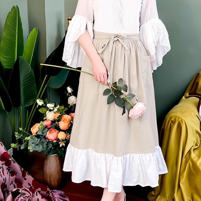 Cityelf Cotton Linen Half Apron for Women Vintage Waist Apron Ruffle Plain Bright Color for Cooking Painting Artwork
