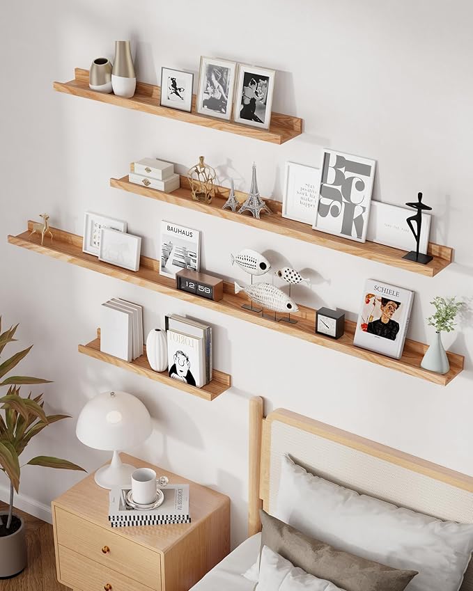 Axeman Oak Picture Ledge Shelf, 55 Inch Floating Shelves Set of 2, Solid Oak Wood Wall Shelves with Lip, Wall Decor Storage for Bedroom Living Room Bathroom Kitchen Nursery Photo Picture, Natural Oak