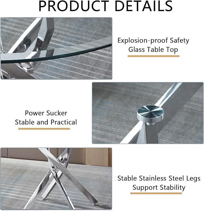 36" Glass Dining Table for 2-4, Modern Dining Room Table with 0.39" Tempered Glass Top and Cross X-Shaped Silver Stainless Steel Base, Round Kitchen Dinner Table for Dining Room