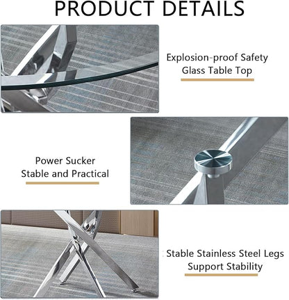 36" Glass Dining Table for 2-4, Modern Dining Room Table with 0.39" Tempered Glass Top and Cross X-Shaped Silver Stainless Steel Base, Round Kitchen Dinner Table for Dining Room