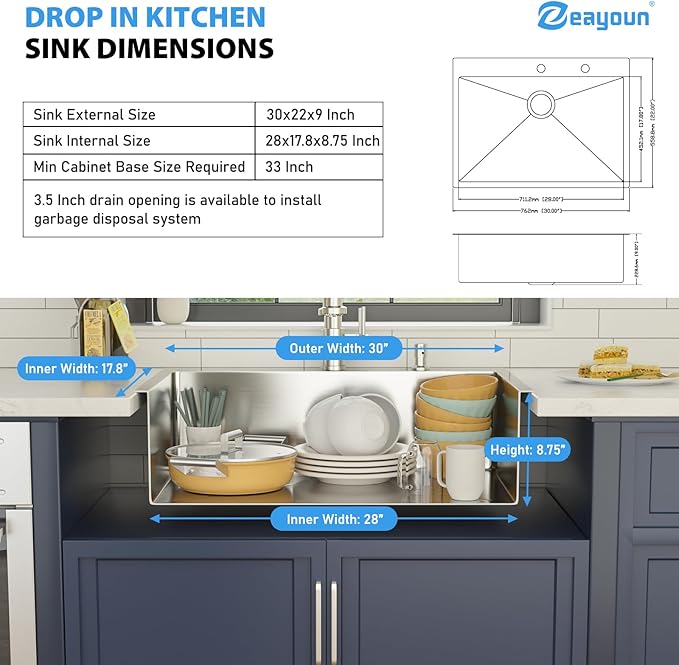 30 Inch Drop in Kitchen Sink 30x22 Drop in Kitchen Sink 16 Gague Topmount Stainless Steel Single Bowl Handmade Sinks Large Deep Basin 30"x22"x9"