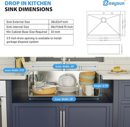30 Inch Drop in Kitchen Sink 30x22 Drop in Kitchen Sink 16 Gague Topmount Stainless Steel Single Bowl Handmade Sinks Large Deep Basin 30"x22"x9"