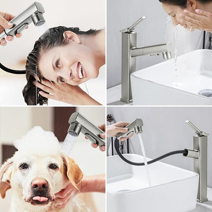 HANLIAN Single Hole Bathroom Pull Out Faucet with Rotating Spout, One Handle Faucet for Bathroom Sink, Modern Bathroom Faucet with Pull Down Sprayer, 3 Modes Vanity Faucets (Brushed Nickel, Tall)