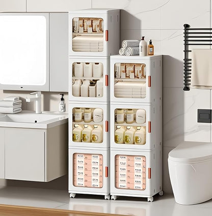 4-Tier Narrow Storage Cabinet Foldable Plastic Bathroom Organizers with Magnetic Doors & Adjustable Shelves, Slim Storage for Small Spaces Pantry Kitchen Laundry Room Quick Assembly, White
