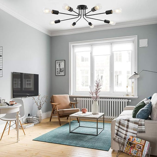 Vintage 8 Light Ceiling Light Industrial Metal Black Sputnik Semi Flush Mount Light for Dining Room Living Room Kitchen