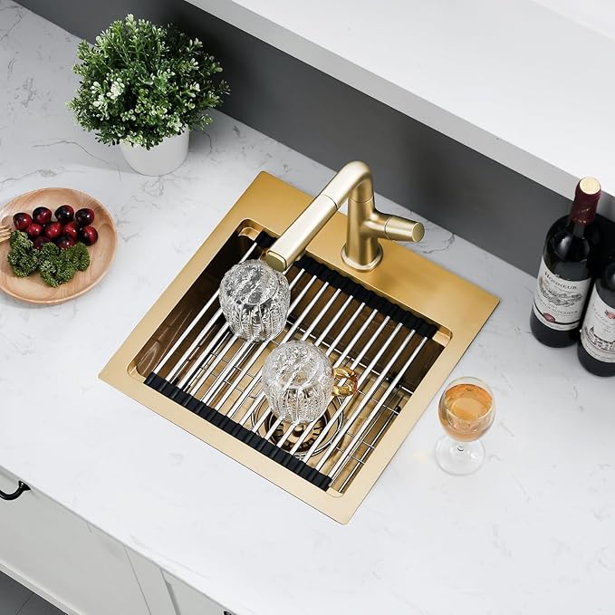 15x15 Inch Gold Drop In Bar Sink Workstation - 16 Gauge Stainless Steel Single Bowl, Small Kitchen Sink for RV, Wet Bar, Outdoor Kitchen & Prep Workstation