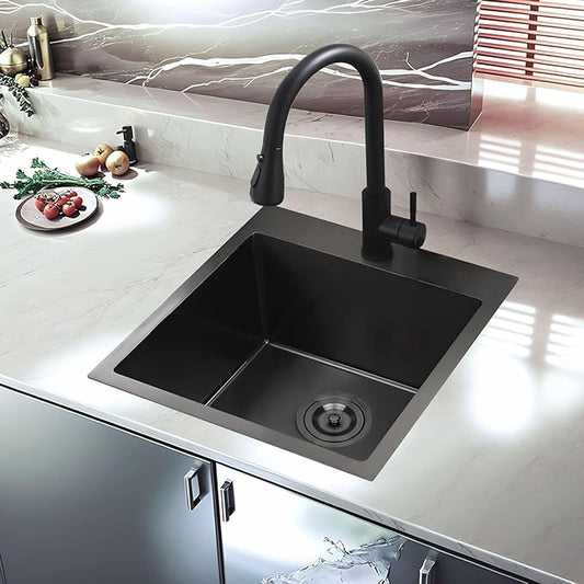15x17 Inch Black Bar Sink Drop In Kitchen Sink, Topmount Stainless Steel Square Small Sinks, Single Bowl Kitchen Sinks for Laundry Wet Bar Prep RV Office Outdoor Yard with Grid & Drain