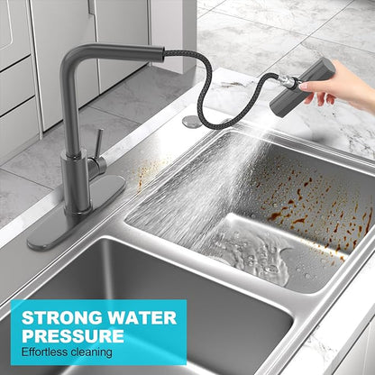 AVSIILE Waterfall Kitchen Faucets with Pull Down Sprayer & Soap Dispenser, Single Hole, Single Handle, Pull Out Tap, Stainless Steel Sink Faucet in Gray, Suitable for Farmhouse Camper Laundry Rv Bar