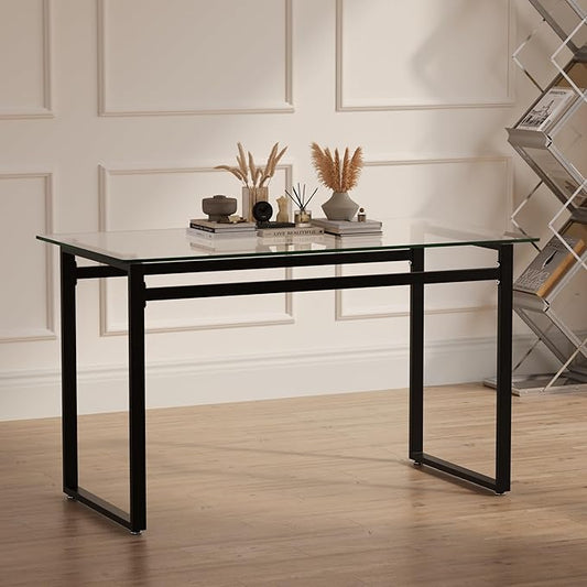 Modern Glass Dining Table for 4-6, 51" Rectangular Glass Kitchen Dining Room Table with 0.31" Tempered Glass Tabletop and Black Metal Legs, Writing Table Desk, for Kitchen Dining Living Room