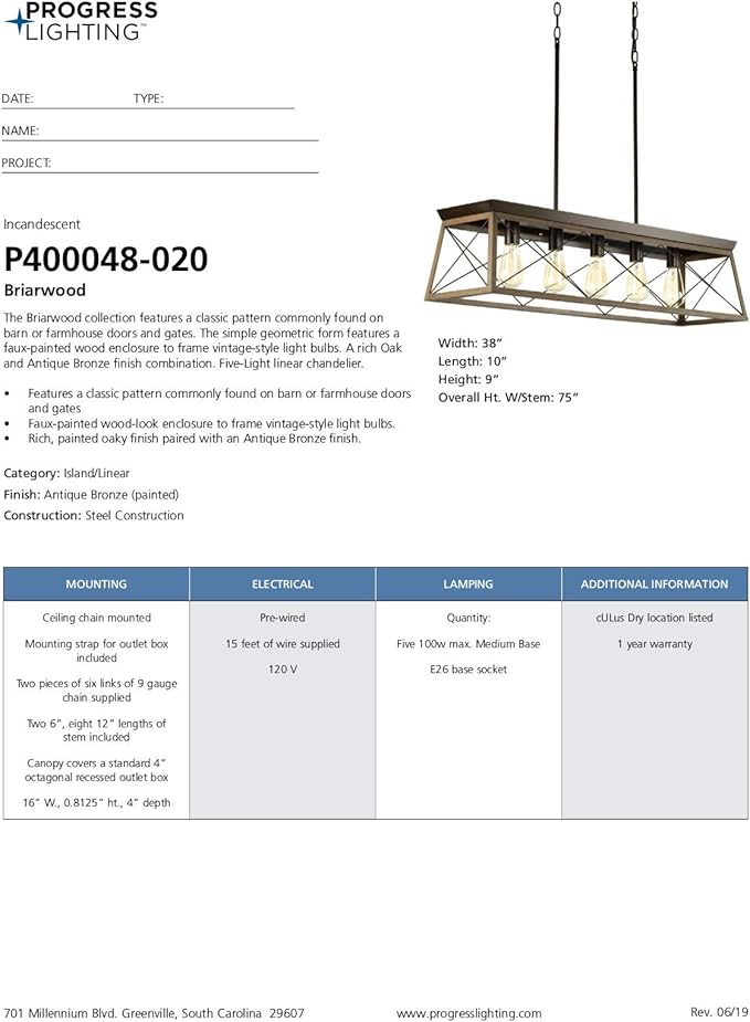 Progress Lighting Briarwood Collection 5-Light Dining Room Light Fixture, Farmhouse Style Modern Chandelier for Kitchen and Dining Room, 38" by 9", Antique Bronze