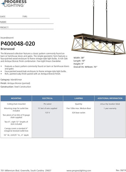 Progress Lighting Briarwood Collection 5-Light Dining Room Light Fixture, Farmhouse Style Modern Chandelier for Kitchen and Dining Room, 38" by 9", Antique Bronze