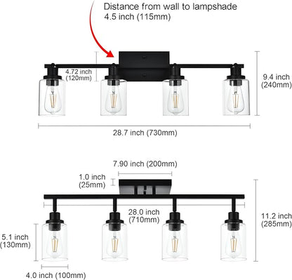MELUCEE 4 Light Track Lighting Kit 28.7 Inch Bathroom Light Fixtures Matte Black Ceiling Spotlight Fixture for Hallway Foyer Bath Storage, Clear Glass Shade