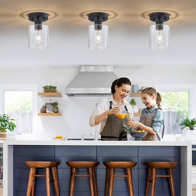 YYT Hallway Light Fixtures Ceiling Black 1 Light Semi Flush Mount Ceiling Light Hallway Light Fixtures Small Cieling Lights Single Light Fixture with Clear Glass Shade Set of 1