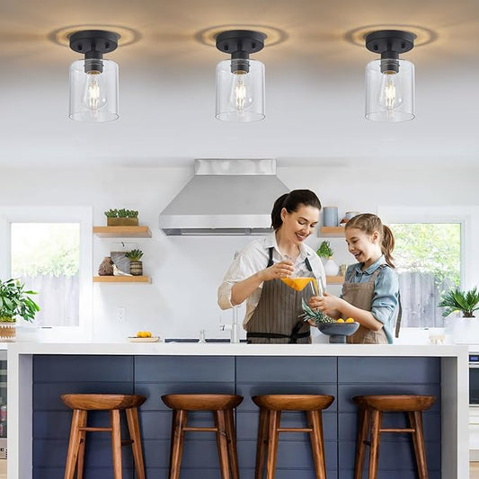 YYT Hallway Light Fixtures Ceiling Black 1 Light Semi Flush Mount Ceiling Light Hallway Light Fixtures Small Cieling Lights Single Light Fixture with Clear Glass Shade Set of 1