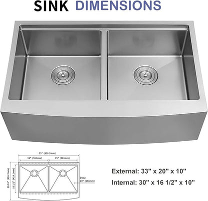 33 Inch Double Farmhouse kitchen Sink,16-Gauge SUS304 Stainless Steel Farm Sinks, 50/50 Apron Front Features Workstaion Sink With Accessories,33''×20''×10" Large and Deep Double Kitchen Sinks