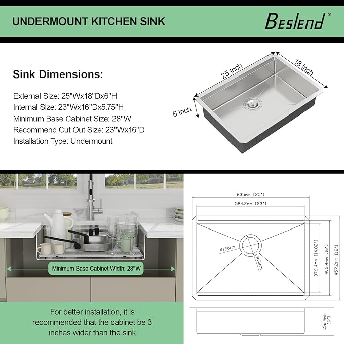 25 Inch Undermount Kitchen Sink - Beslend ADA 6 Inch Depth 25x18 Undermount Worksation Sinks Under Counter Stainless Steel 16 Gauge Mobility Friendly Sink for Wheelchair Accessible Kitchen