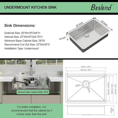 25 Inch Undermount Kitchen Sink - Beslend ADA 6 Inch Depth 25x18 Undermount Worksation Sinks Under Counter Stainless Steel 16 Gauge Mobility Friendly Sink for Wheelchair Accessible Kitchen